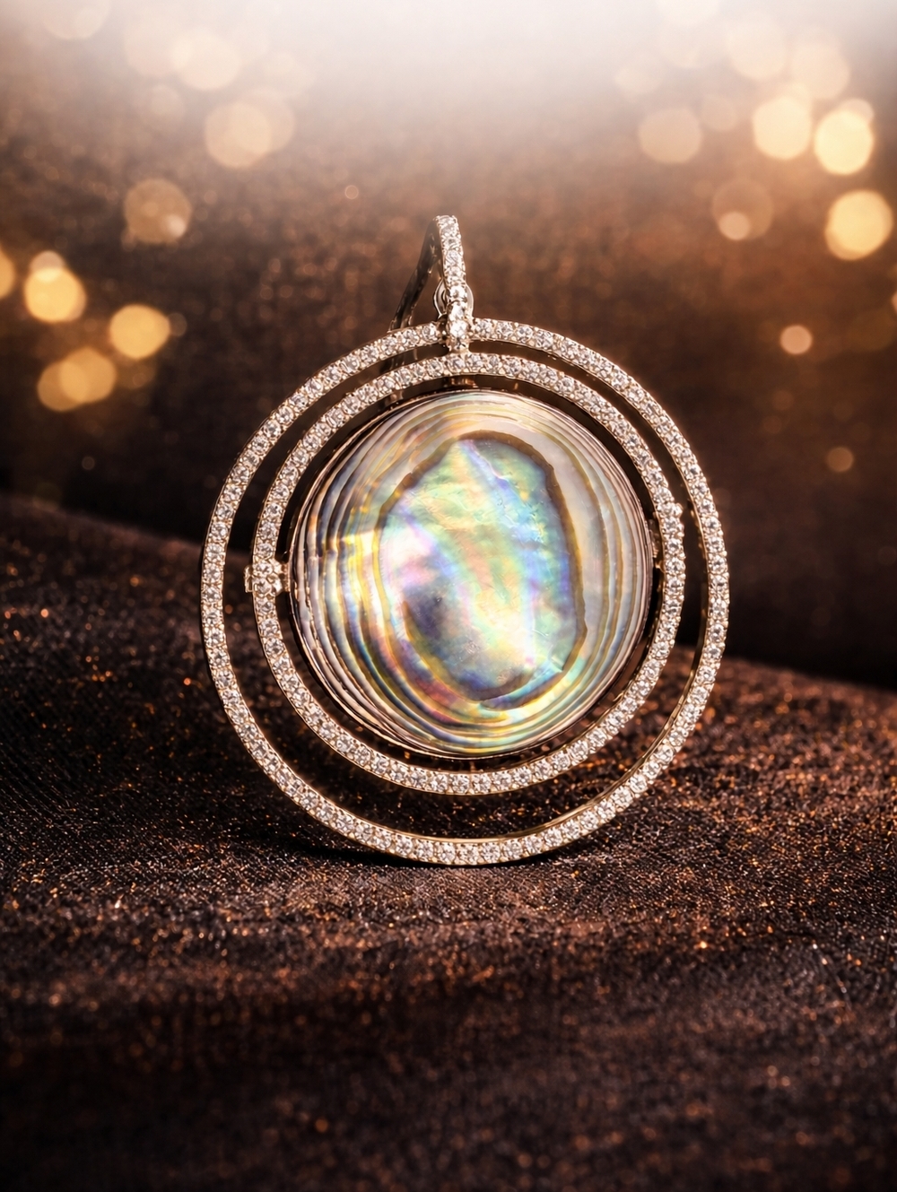 Iridescent Sterling Silver 925 Abalone Shell Pendant with Crystal Halo